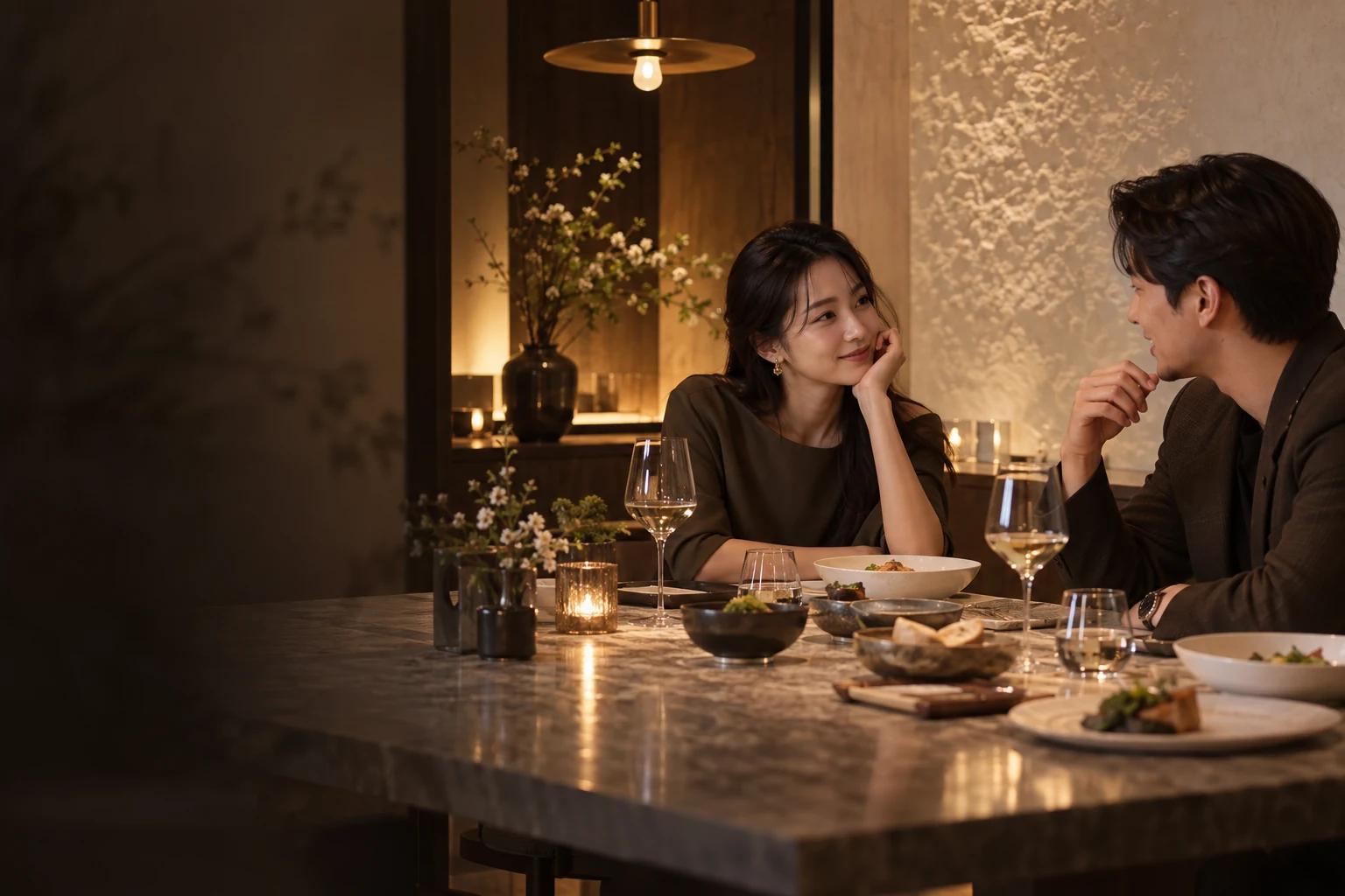 다이닝 공간에서 대화하는 두 사람의 브랜드 연출 이미지