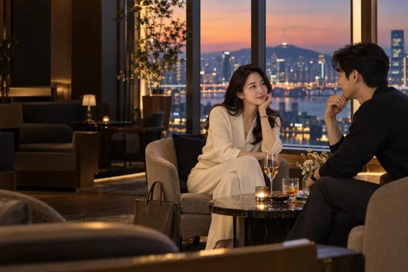 도심 라운지에서 대화하는 두 사람의 브랜드 연출 이미지