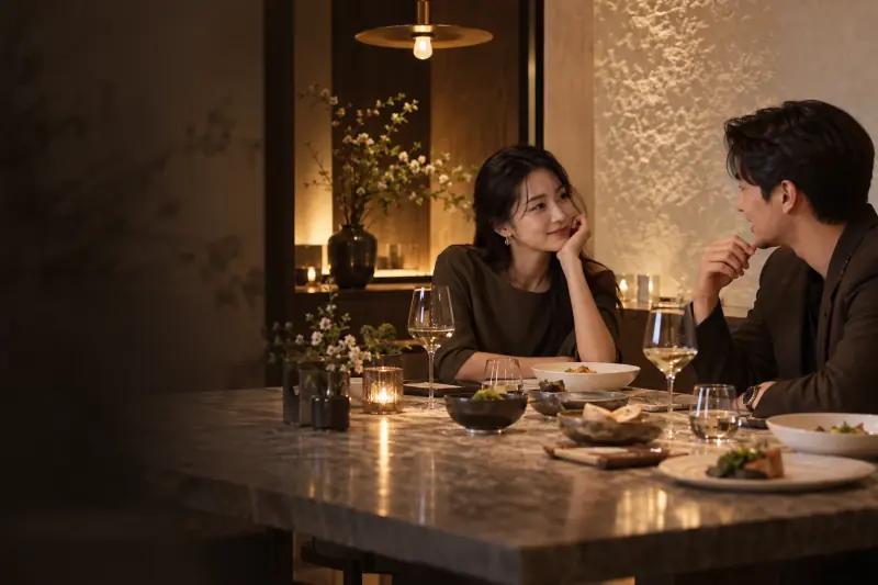 다이닝 공간에서 대화하는 두 사람의 브랜드 연출 이미지