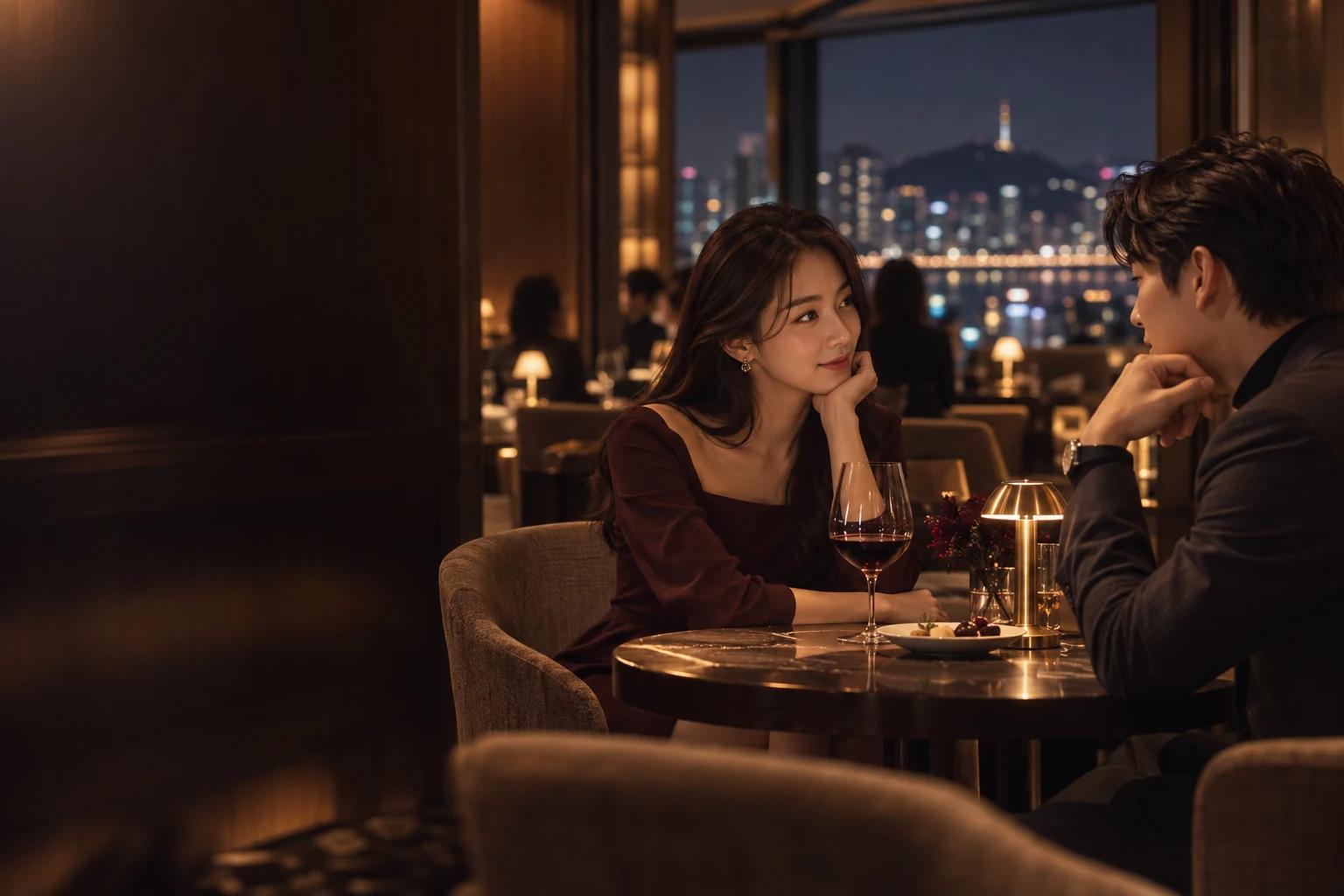 와인 살롱에서 대화하는 두 사람의 브랜드 연출 이미지